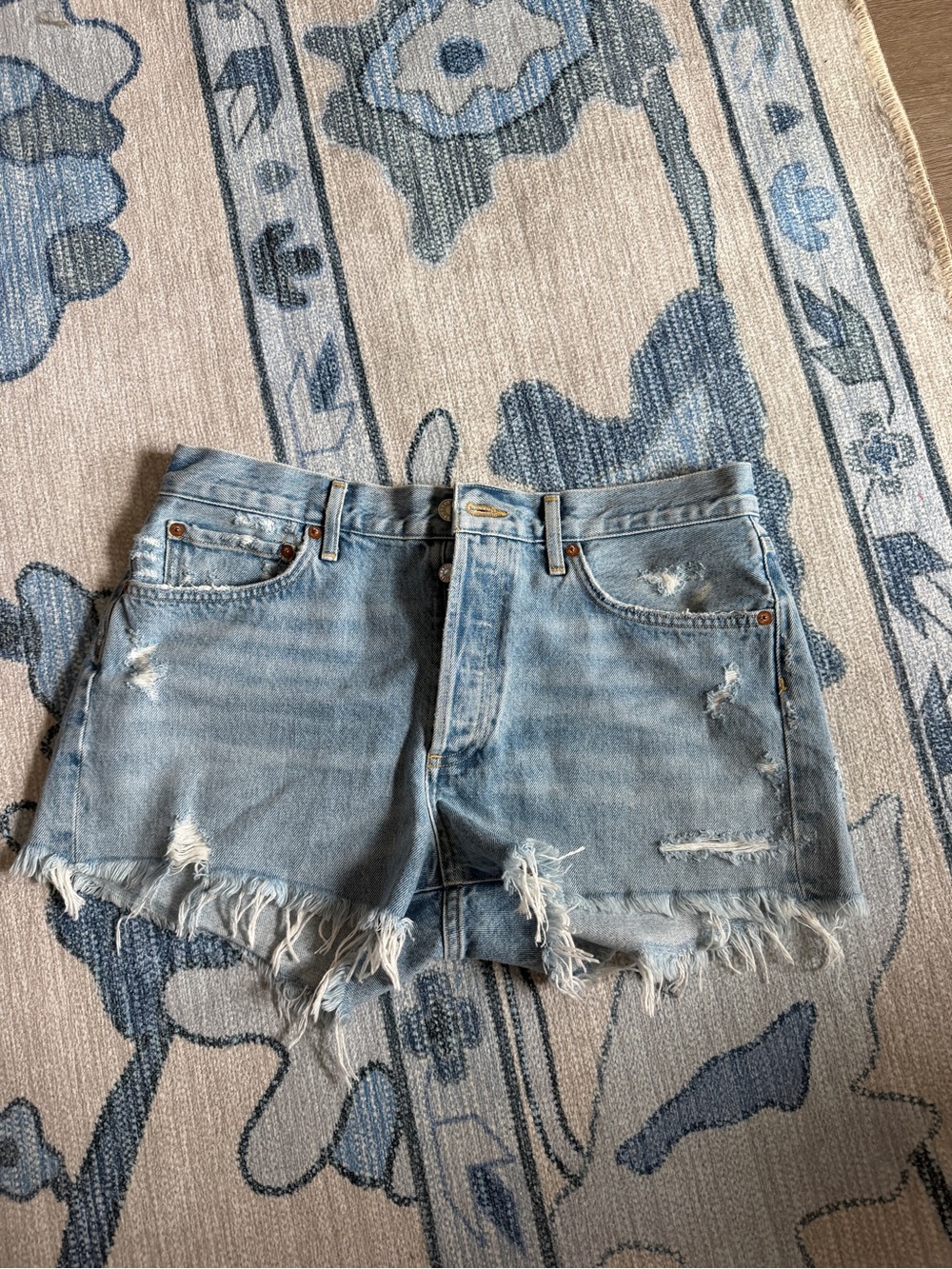 Agolde Light Blue Distressed Denim Cutoff Shorts